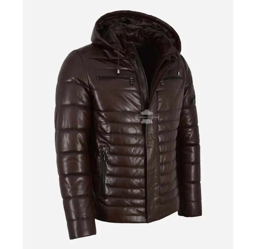 ICEBURG Puffer Hooded Leather Jacket For Men