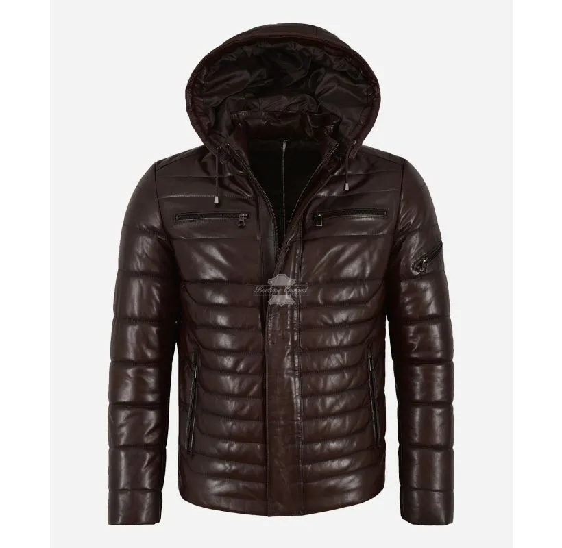 ICEBURG Puffer Hooded Leather Jacket For Men