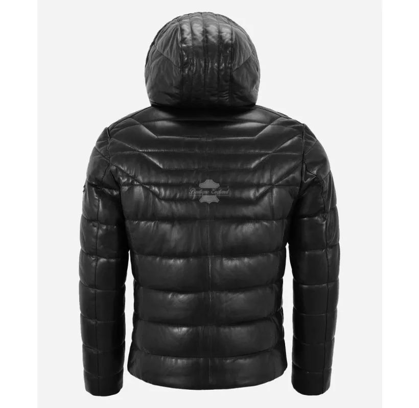 ICEBURG Puffer Hooded Leather Jacket For Men