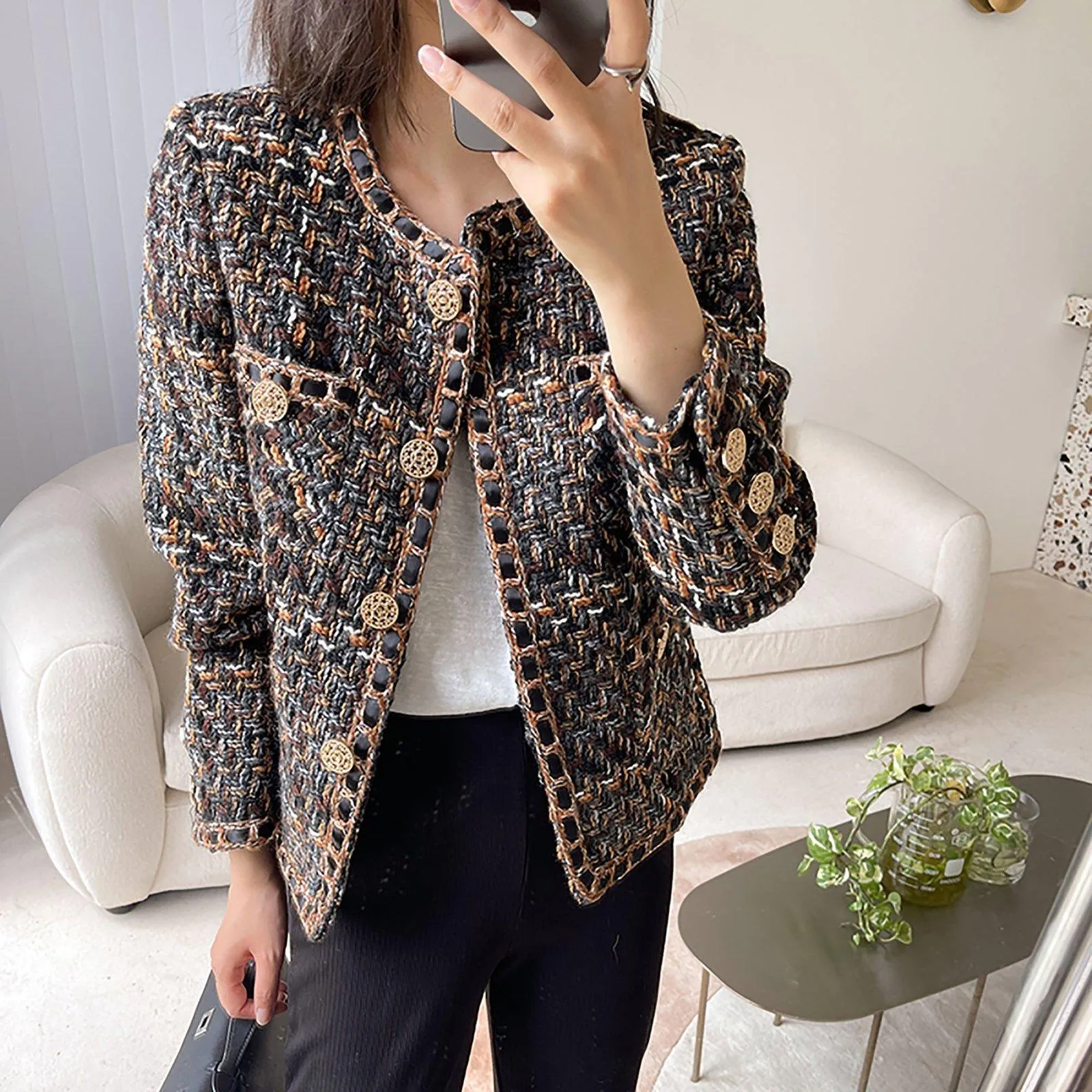 Jewel neck Tweed Short Jacket