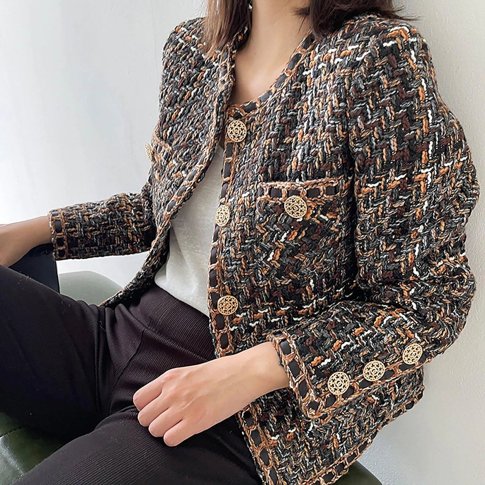 Jewel neck Tweed Short Jacket