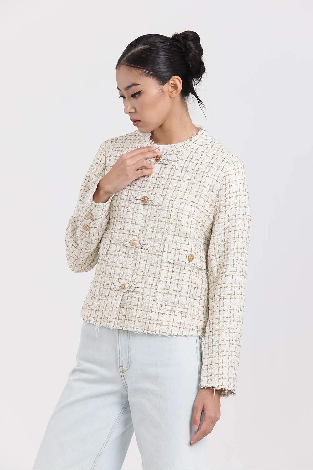 KEIRA White Tweed Jacket (White / Gold)