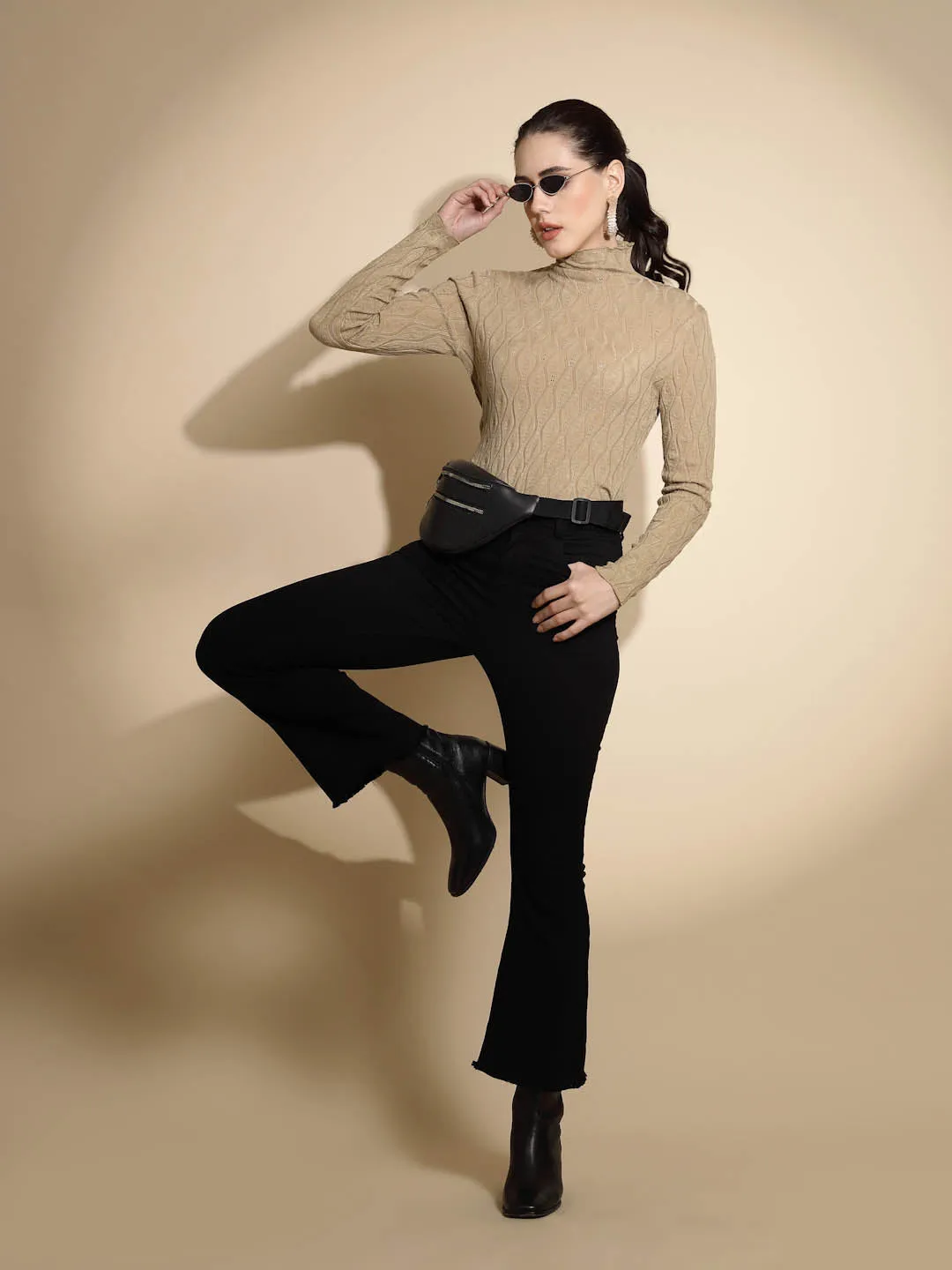 Khaki Solid Full Sleeve Turtle Neck Knitted Slim Fit Skivvy