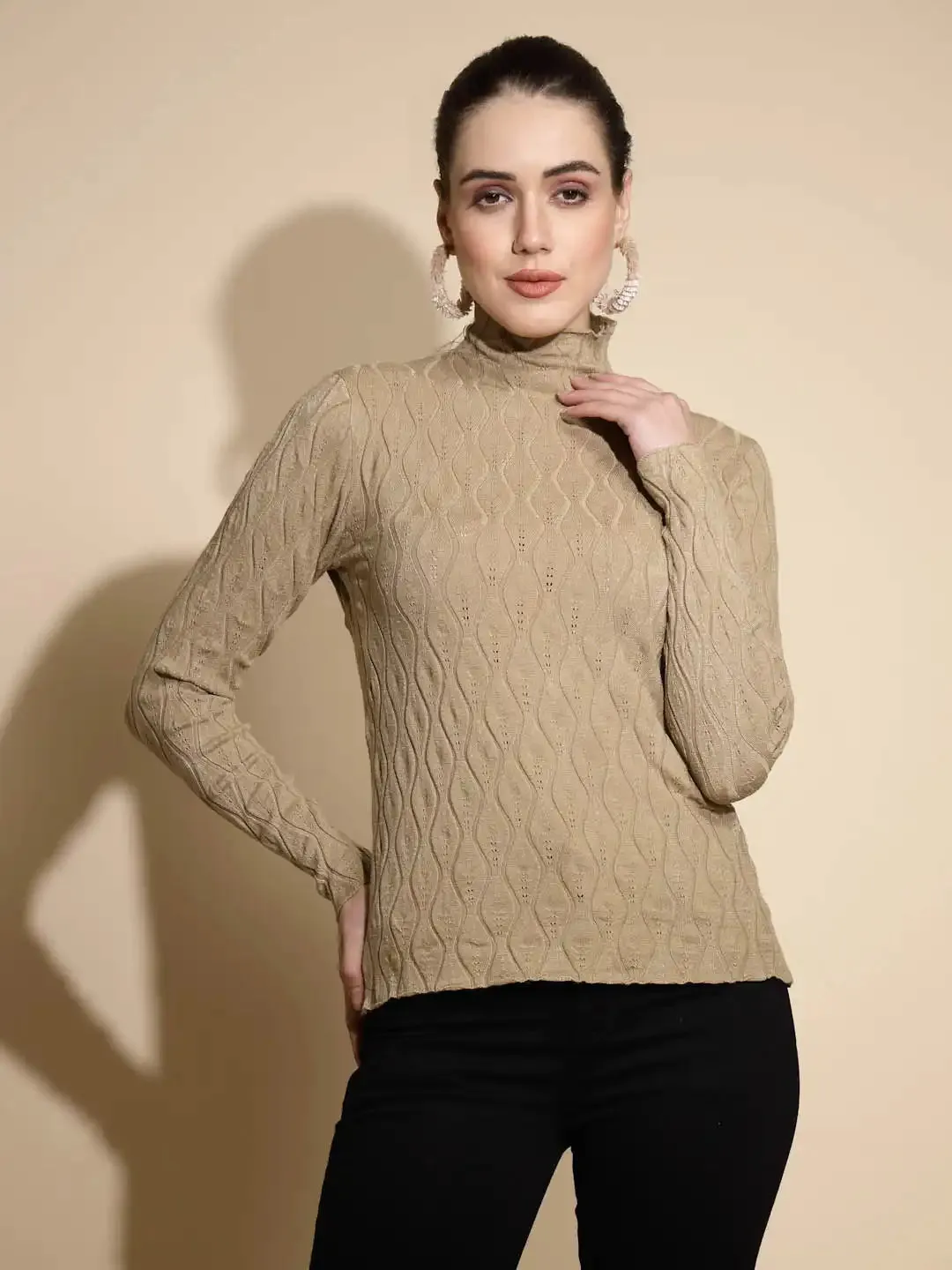 Khaki Solid Full Sleeve Turtle Neck Knitted Slim Fit Skivvy