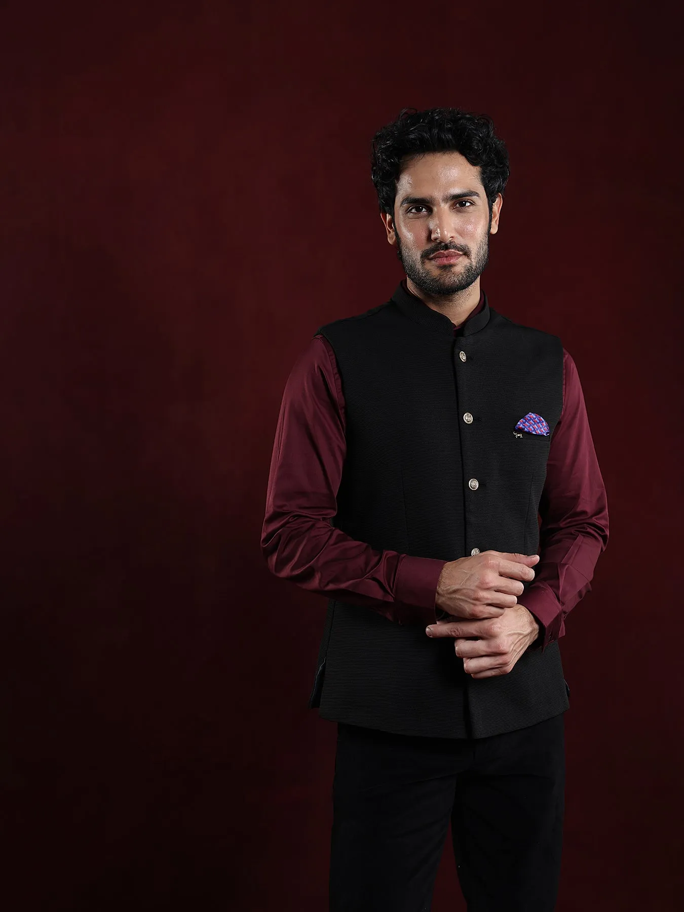 Knitted Terry Rayon Black Dobby Slim Fit Sleeve Less Ceremonial Nehru Jacket