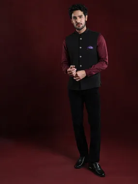 Knitted Terry Rayon Black Dobby Slim Fit Sleeve Less Ceremonial Nehru Jacket