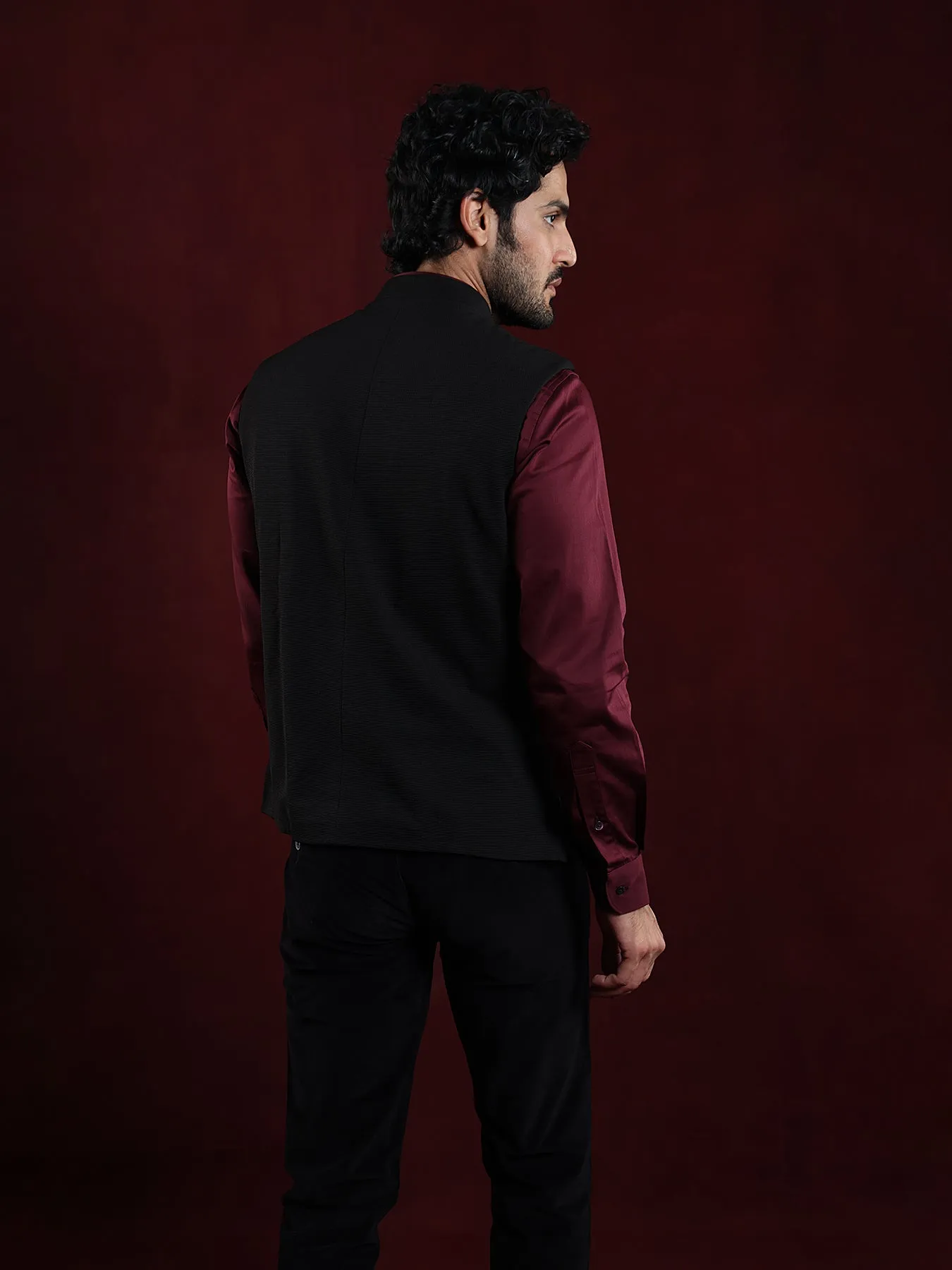 Knitted Terry Rayon Black Dobby Slim Fit Sleeve Less Ceremonial Nehru Jacket