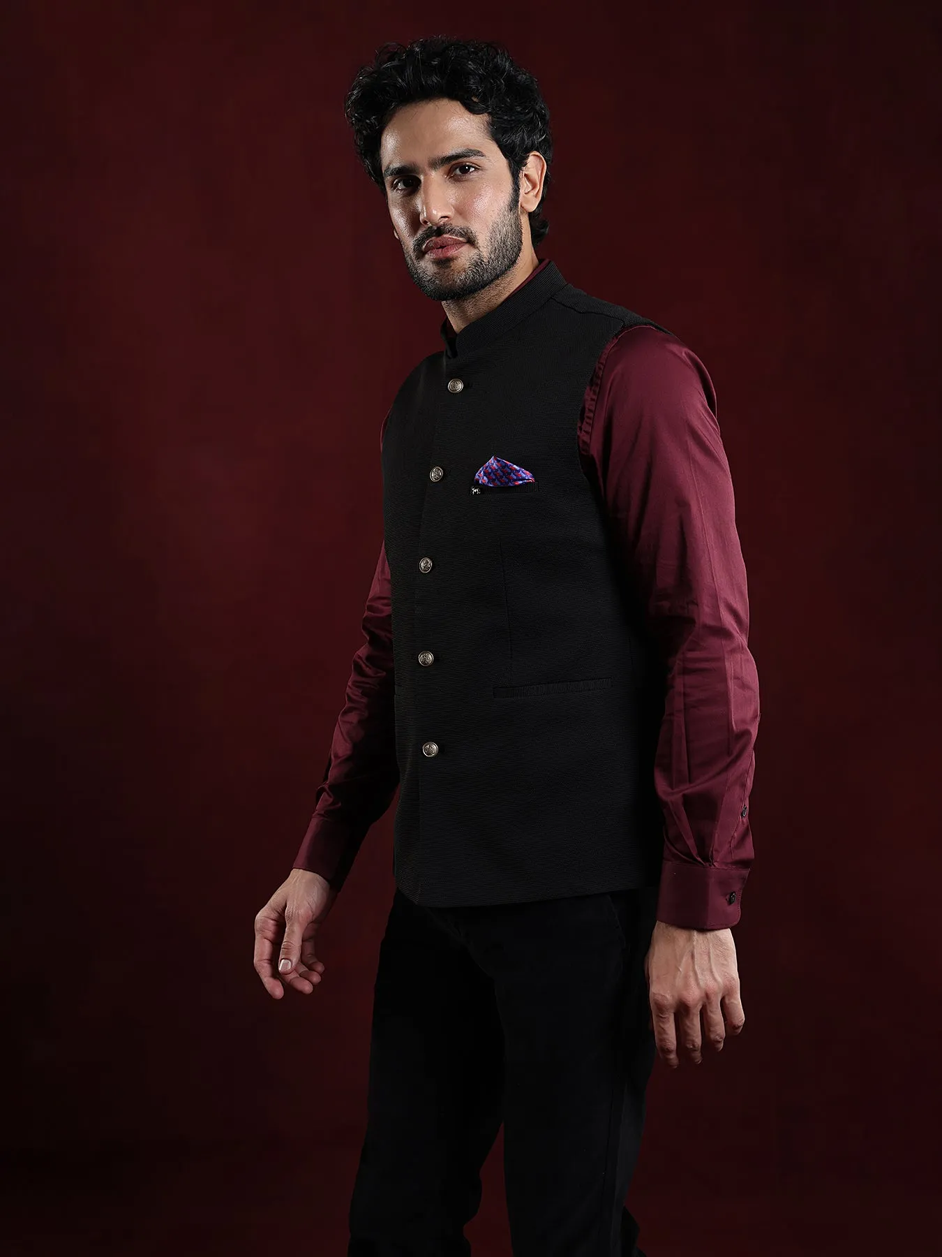 Knitted Terry Rayon Black Dobby Slim Fit Sleeve Less Ceremonial Nehru Jacket