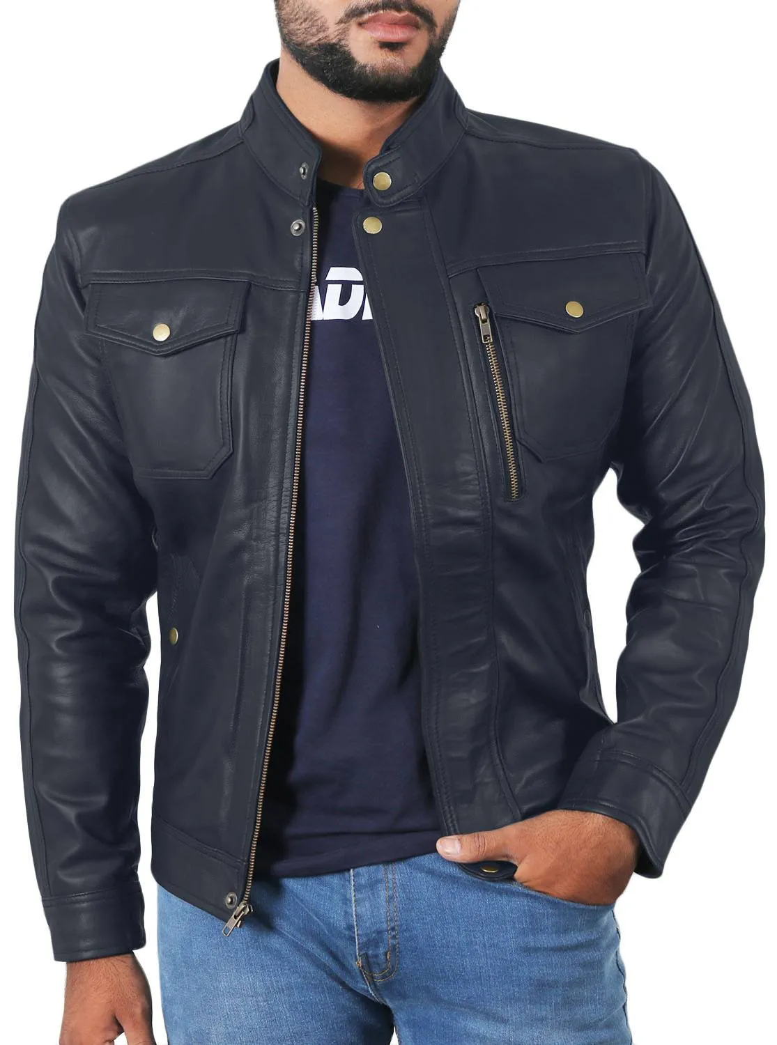 Leather Jackets Hub Mens Genuine Lambskin Leather Jacket (Black, Officer Jacket) - 1501138