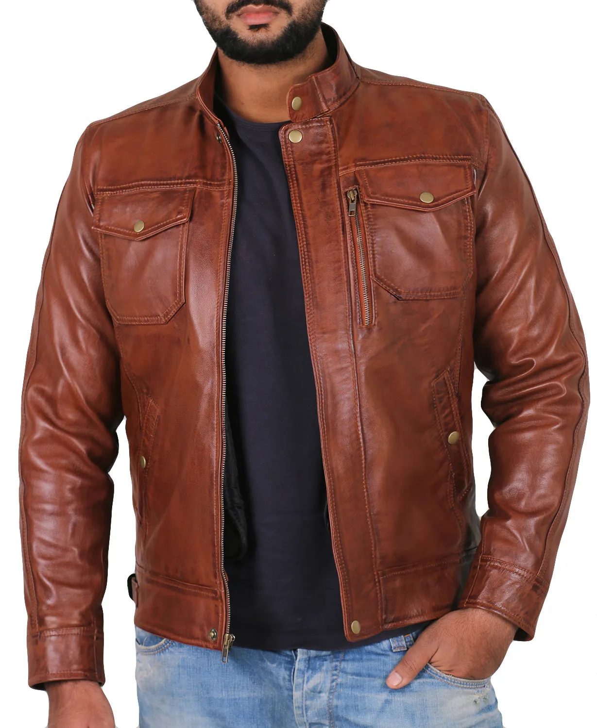 Leather Jackets Hub Mens Genuine Lambskin Leather Jacket (Black, Officer Jacket) - 1501138