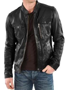 Leather Jackets Hub Mens Genuine Lambskin Leather Jacket (Black, Officer Jacket) - 1501138