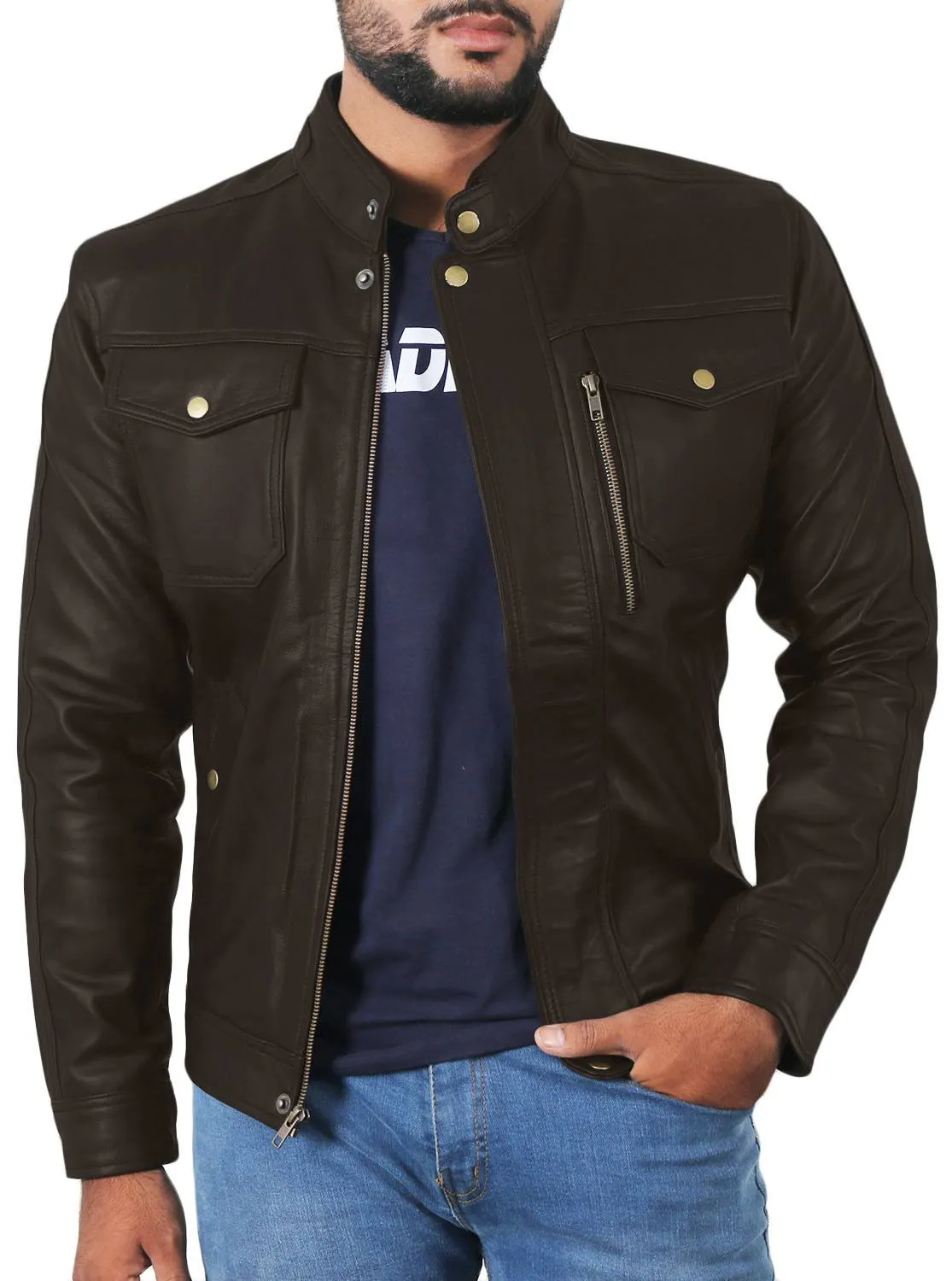 Leather Jackets Hub Mens Genuine Lambskin Leather Jacket (Black, Officer Jacket) - 1501138