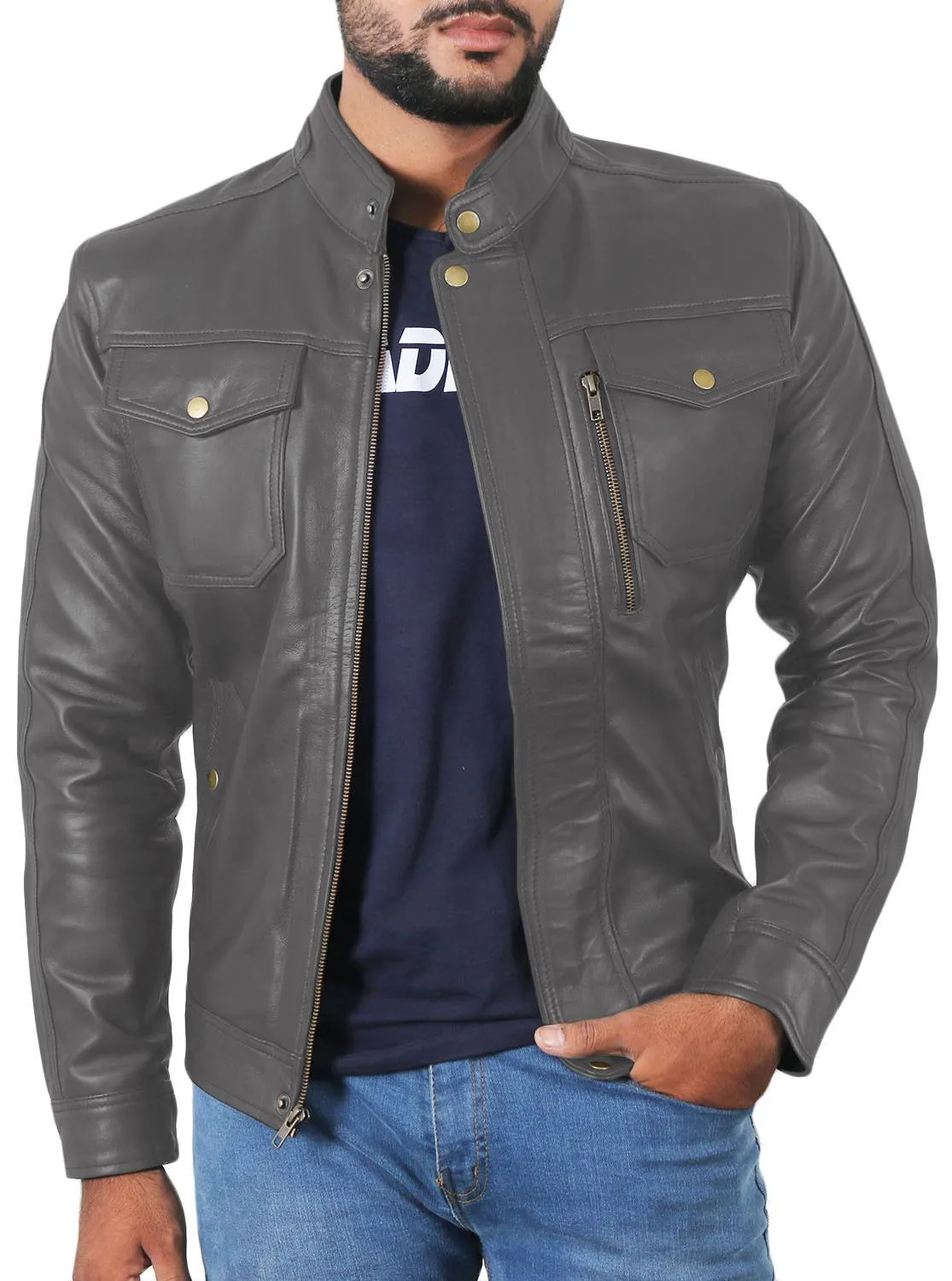 Leather Jackets Hub Mens Genuine Lambskin Leather Jacket (Black, Officer Jacket) - 1501138