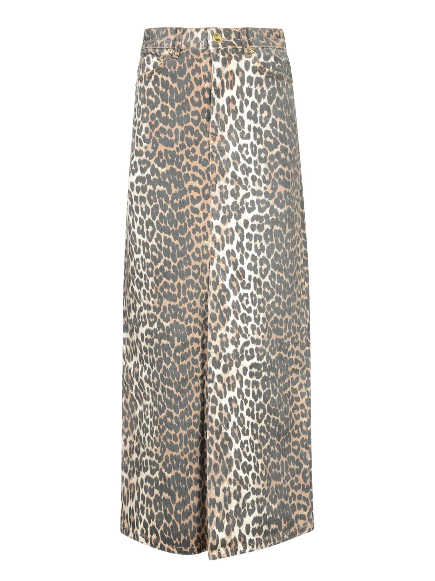 Leopard Print Denim Maxi Skirt