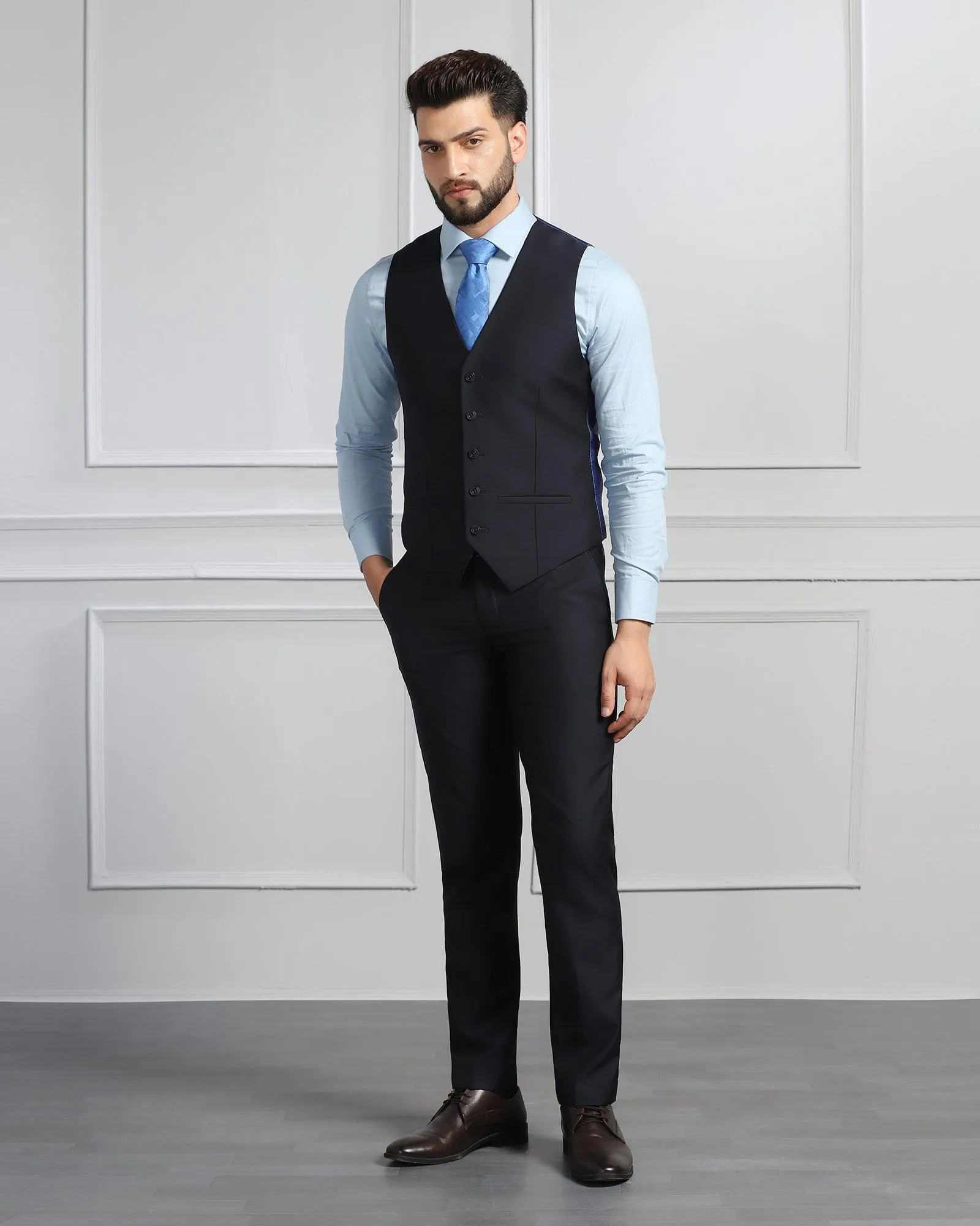 Luxe Three Piece Navy Solid Formal Suit - Meriner