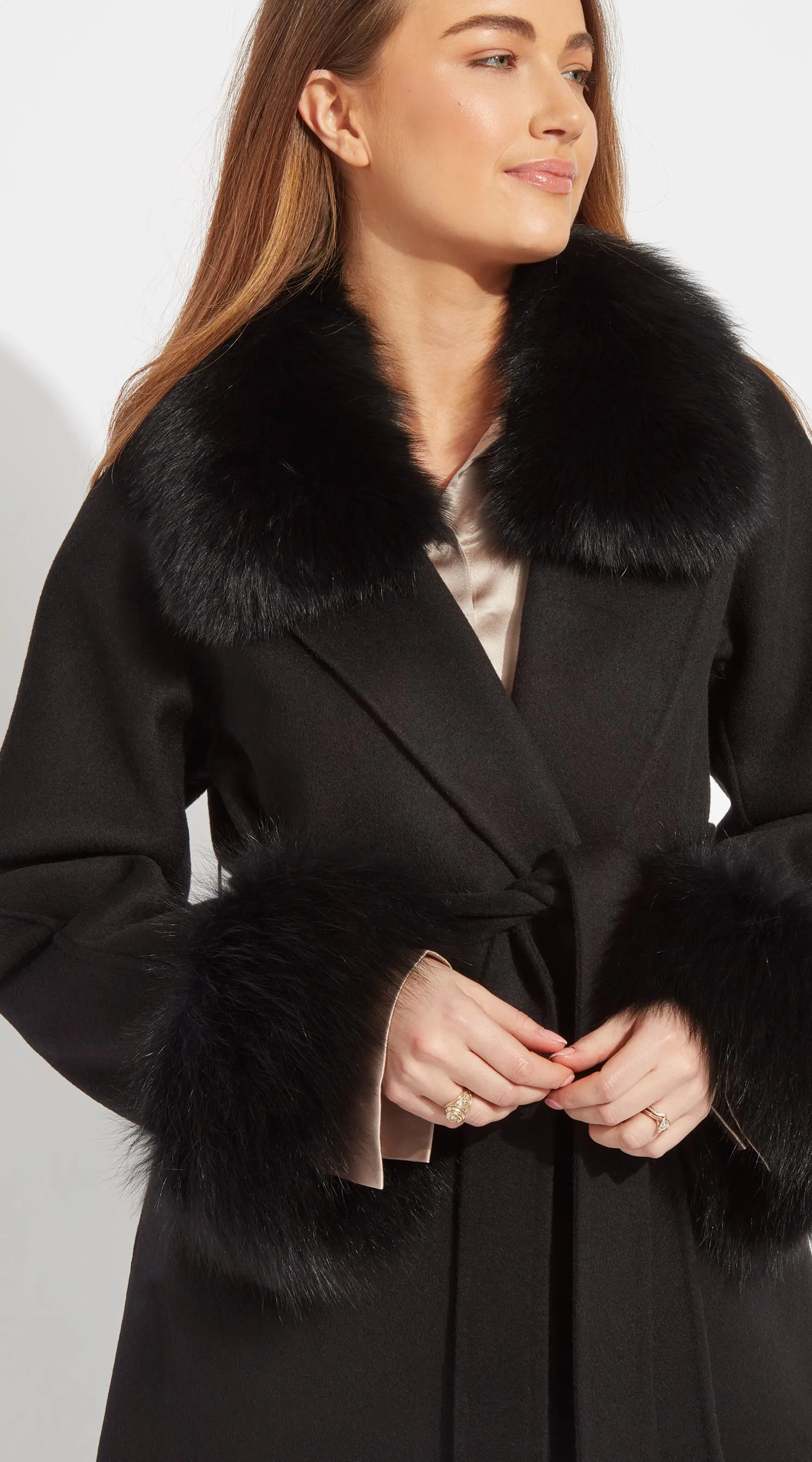 Luxy Cashmere & Fox Fur Belted Wrap Coat - Black