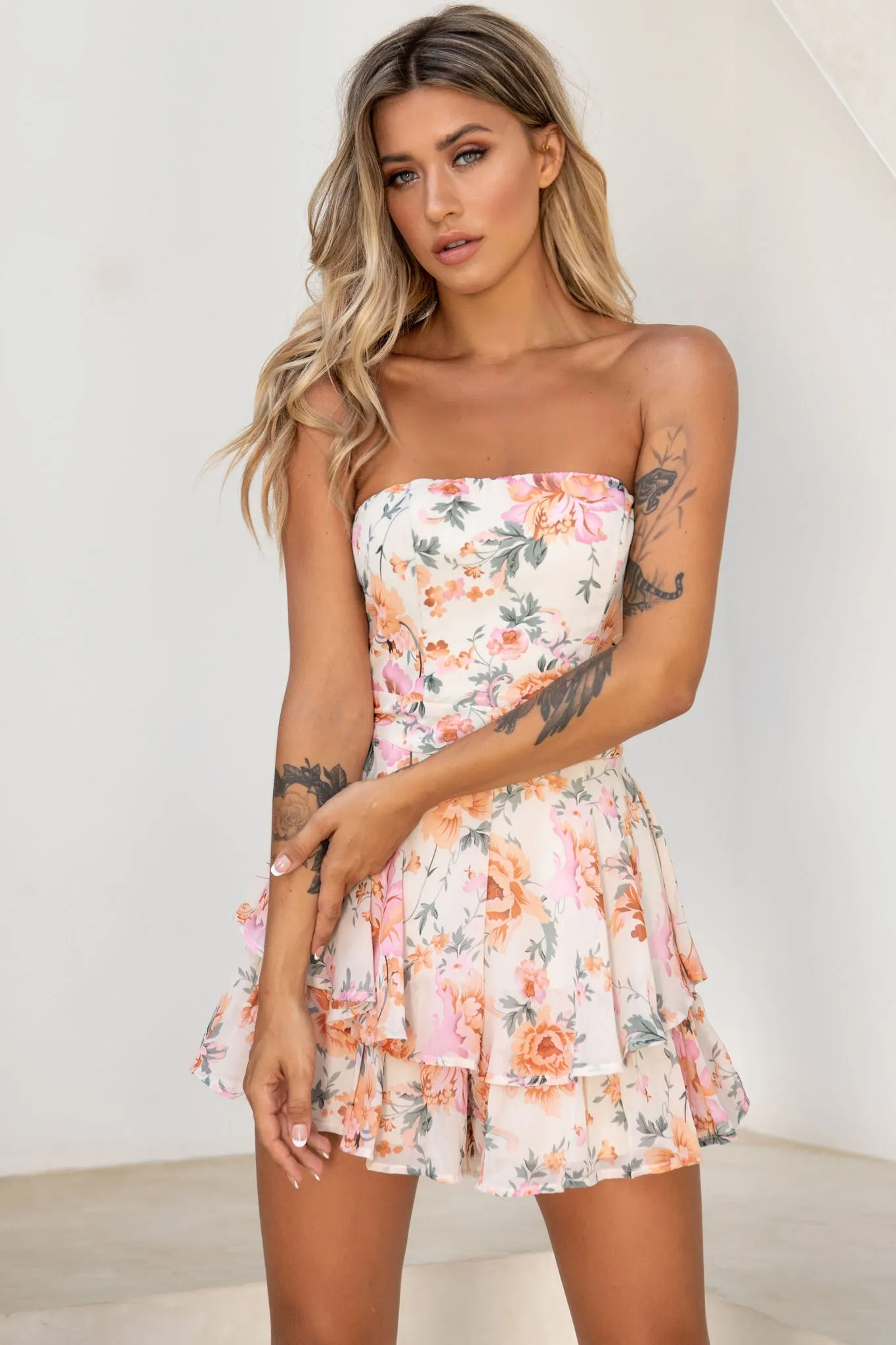 Maddox Fit & Flare Bandeau Romper Rose Print Pink