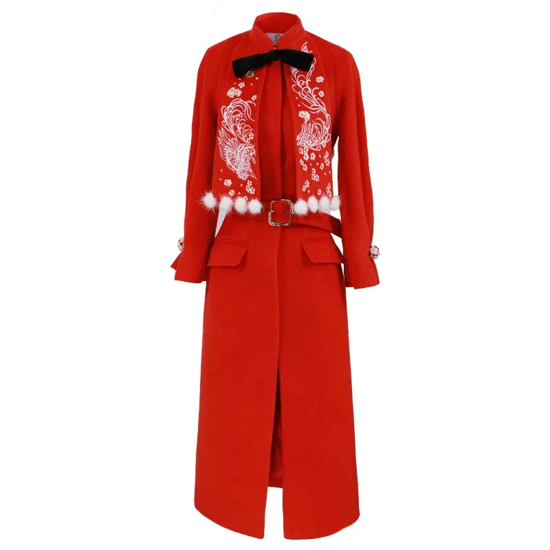 Magic Q's red embroidered mink furball embellished shawl collar wool coat - Nik