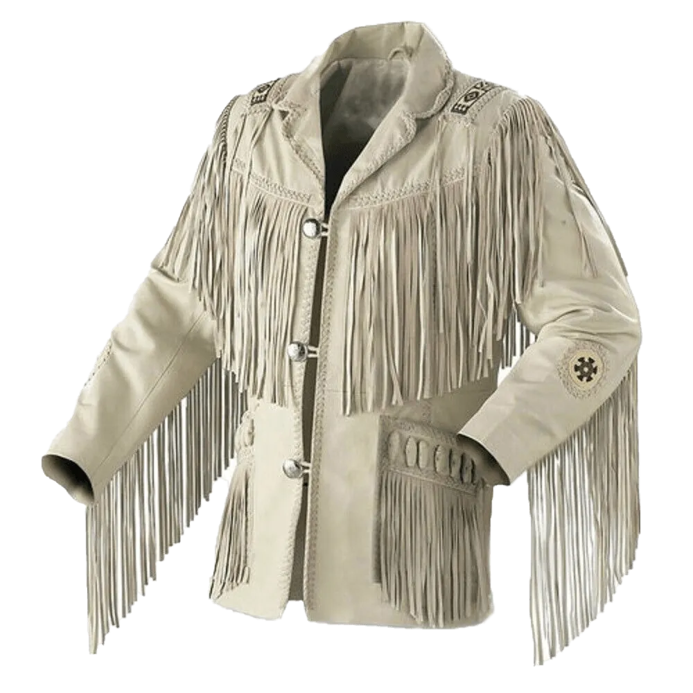 Men Native American Western Cowboy Leather Jacket Suede Leather Fringe & Beaded