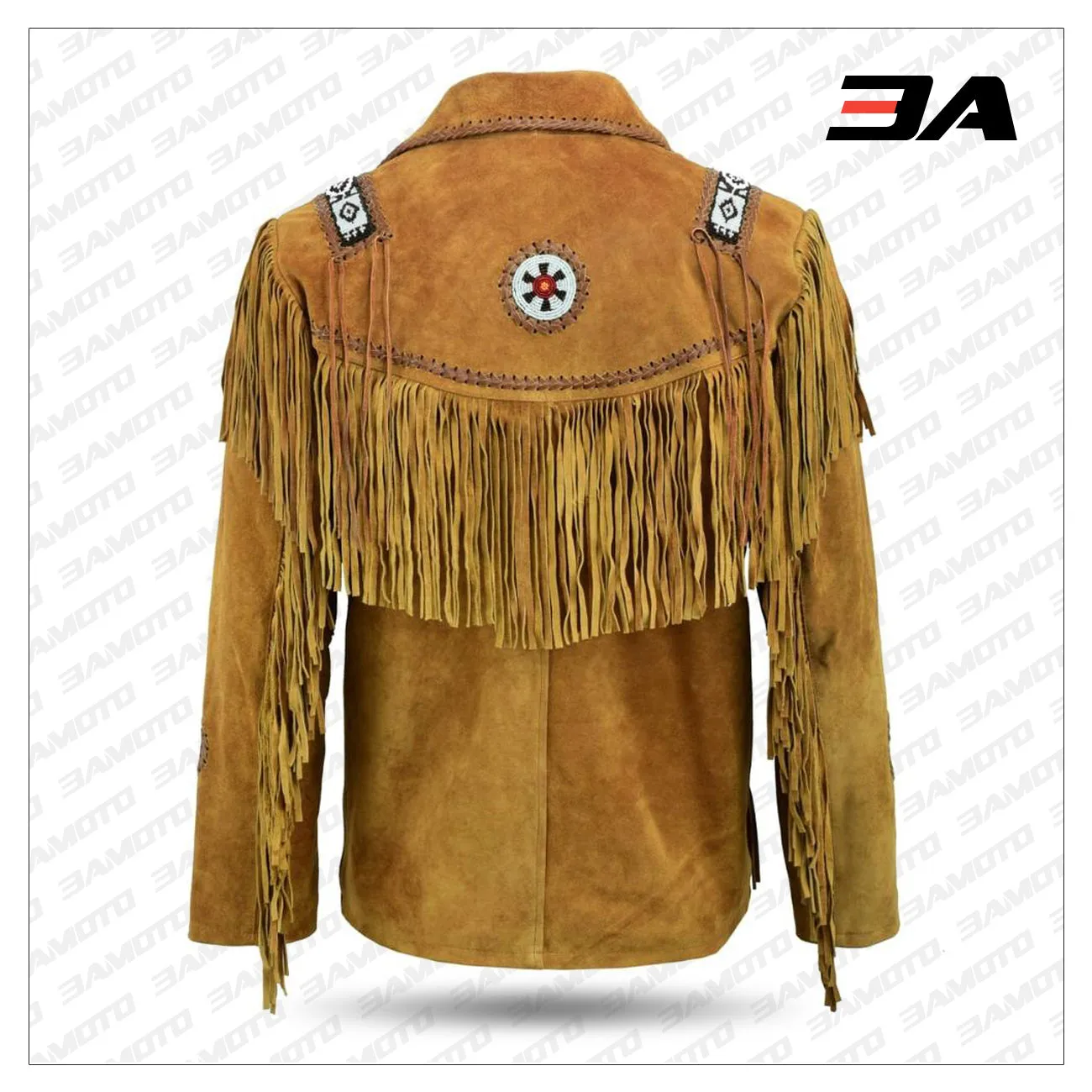 Mens Brown Classic Western Suede Leather Jacket With Beads Fringes Indians