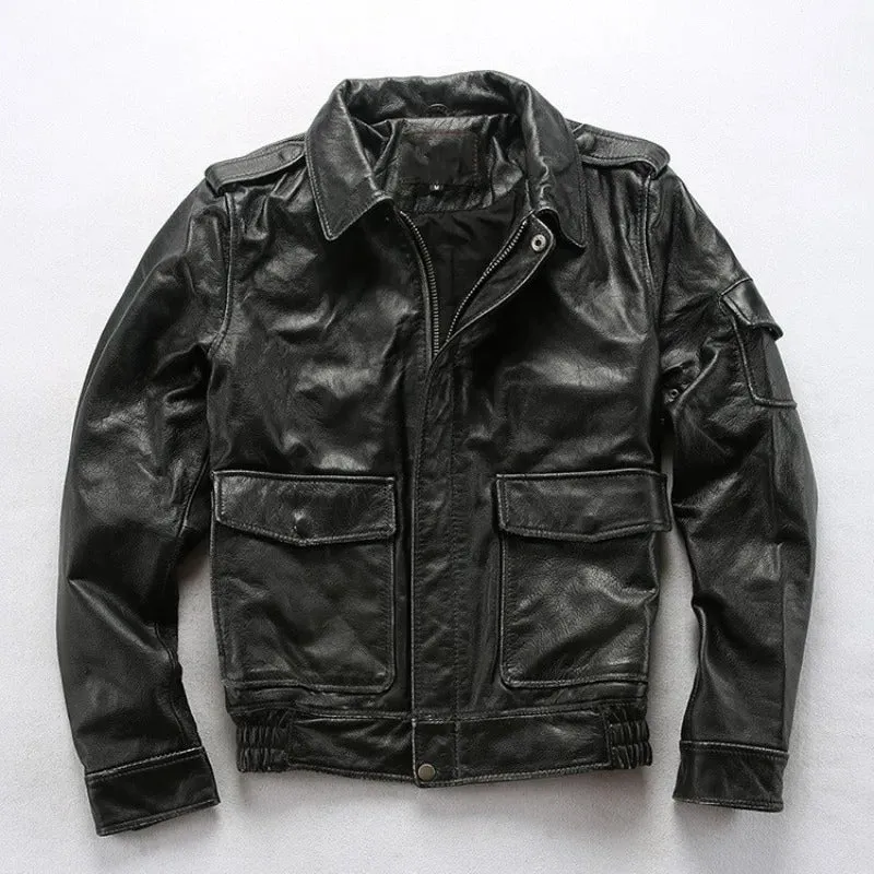 Men's Cowhide Leather Air Force Flight Jacket with Pockets