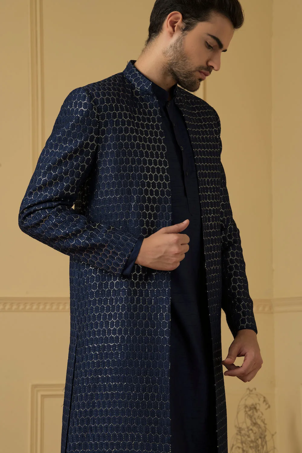 Men's Embroidered Silk Long Nehru Jacket Set - Hilo Design