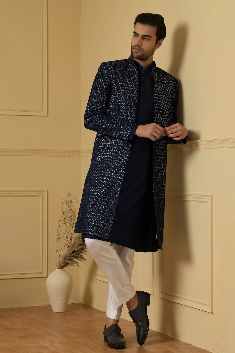 Men's Embroidered Silk Long Nehru Jacket Set - Hilo Design