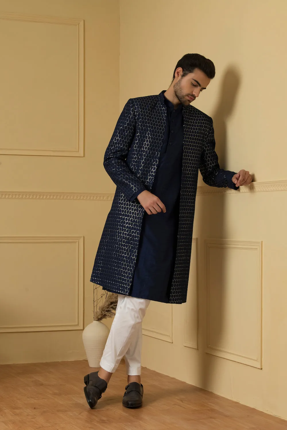 Men's Embroidered Silk Long Nehru Jacket Set - Hilo Design