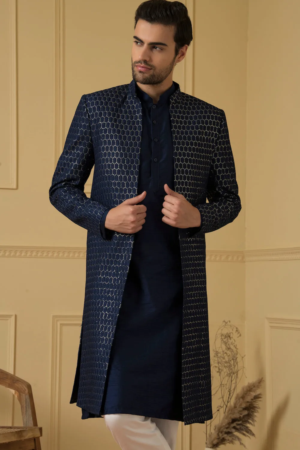 Men's Embroidered Silk Long Nehru Jacket Set - Hilo Design