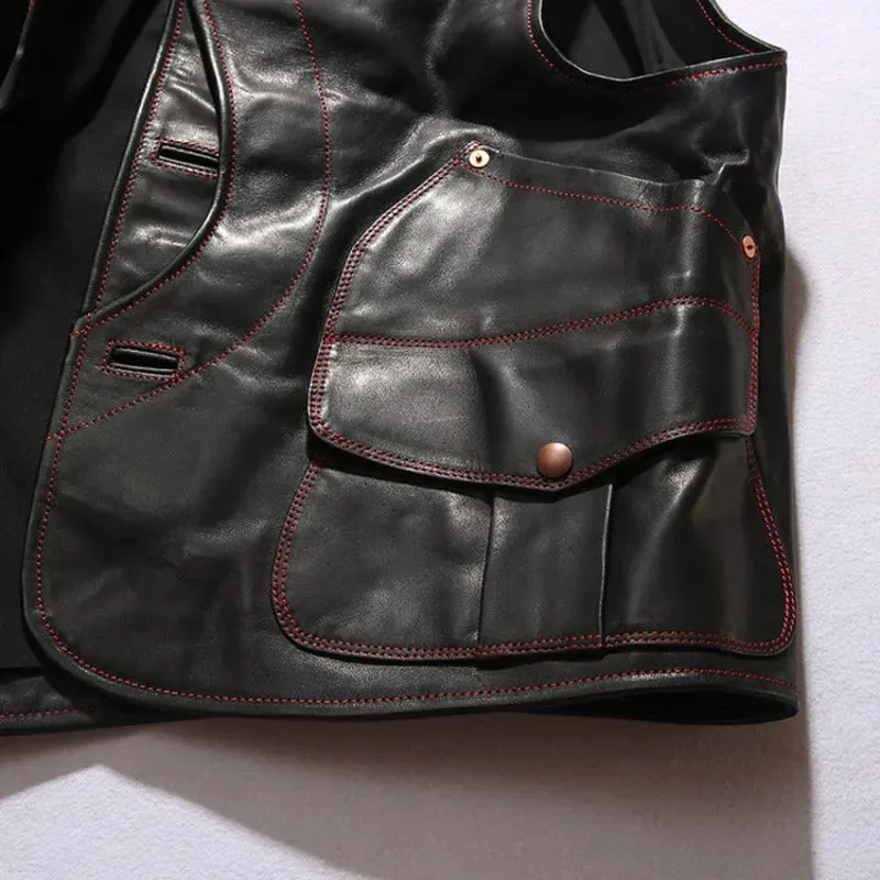 Men's Genuine Leather Motorcycle Biker Vest with Multiple Pockets - Sleeveless Cargo Jacket