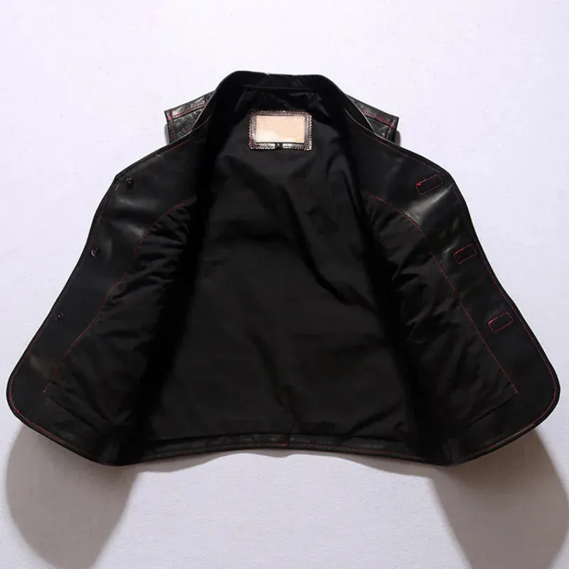 Men's Genuine Leather Motorcycle Biker Vest with Multiple Pockets - Sleeveless Cargo Jacket