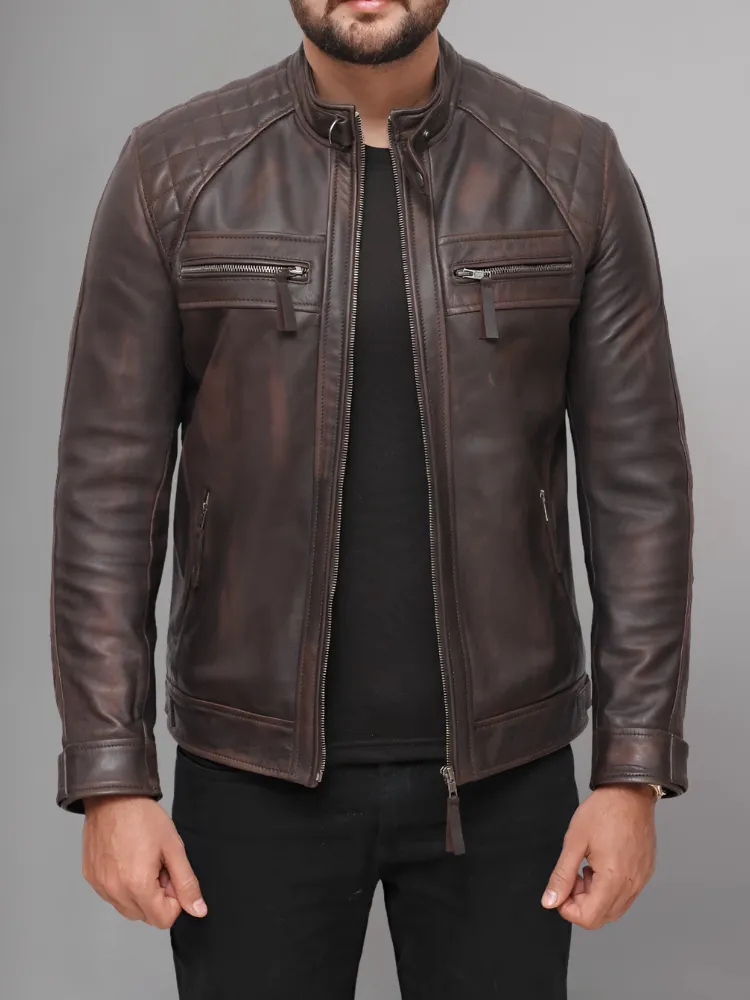 Mens Genuine Leather Stand Collar Motorcycle Jacket