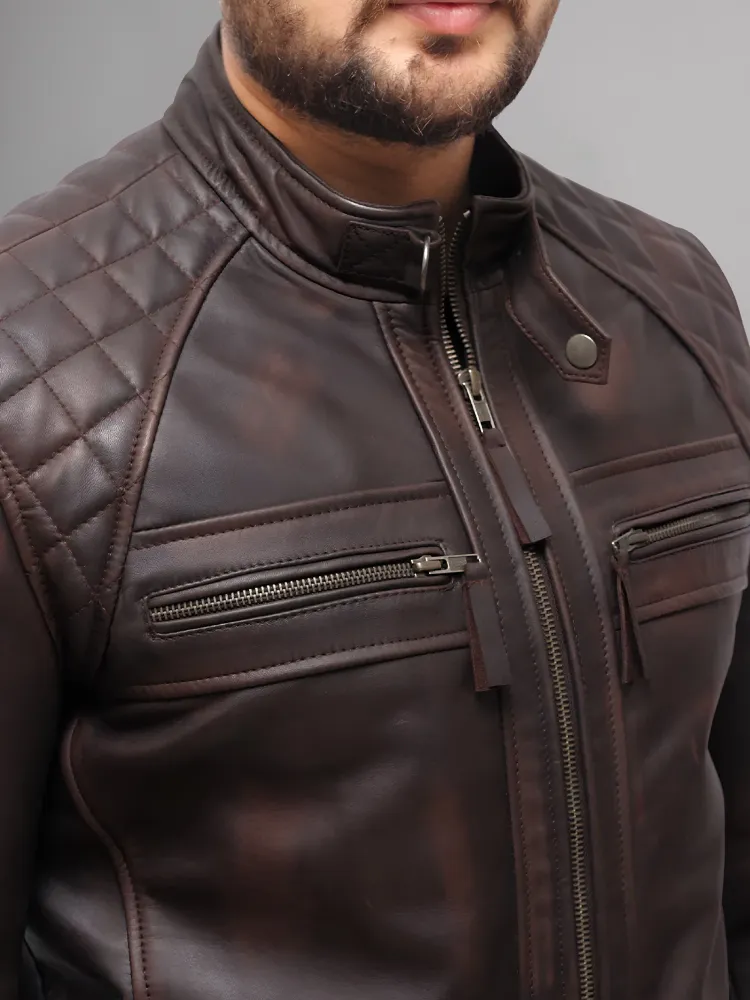 Mens Genuine Leather Stand Collar Motorcycle Jacket