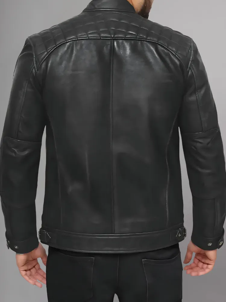 Mens Genuine Leather Stand Collar Motorcycle Jacket