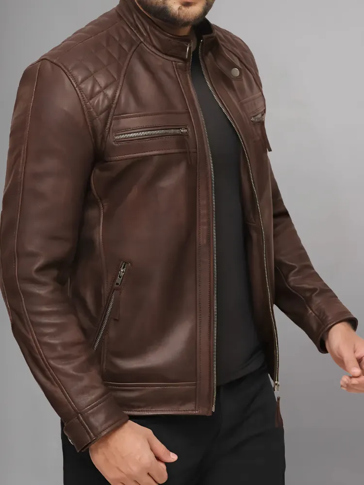 Mens Genuine Leather Stand Collar Motorcycle Jacket