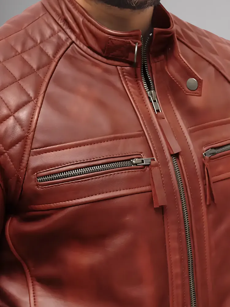 Mens Genuine Leather Stand Collar Motorcycle Jacket