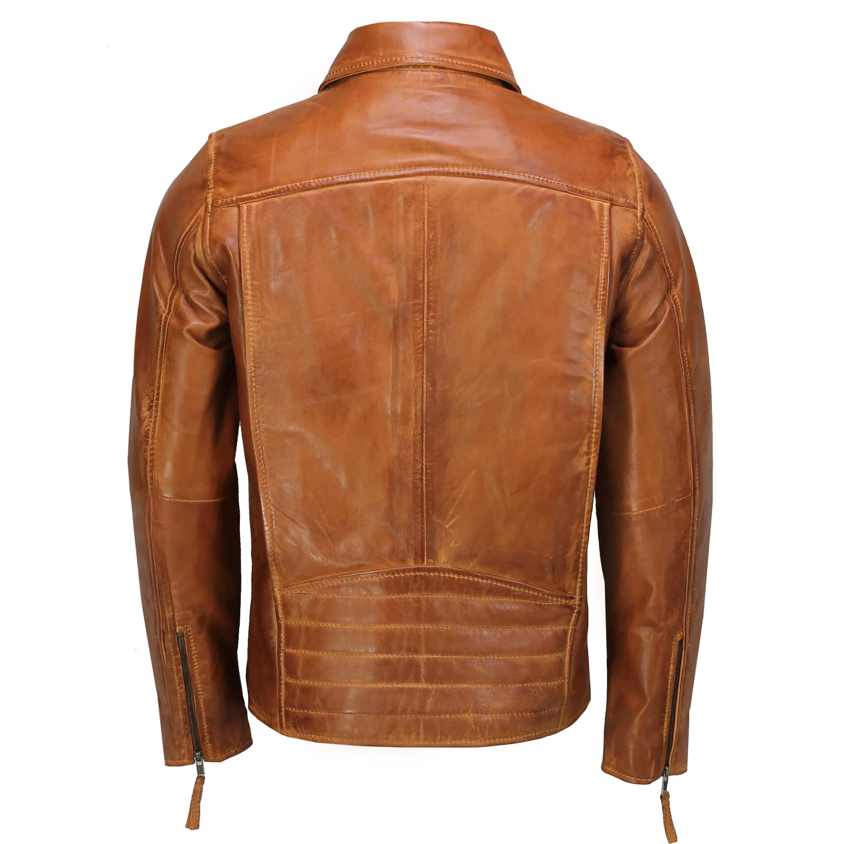 Mens Real Leather Jacket Classic Collar Retro Zip Up Biker Style Smart Slim Fit