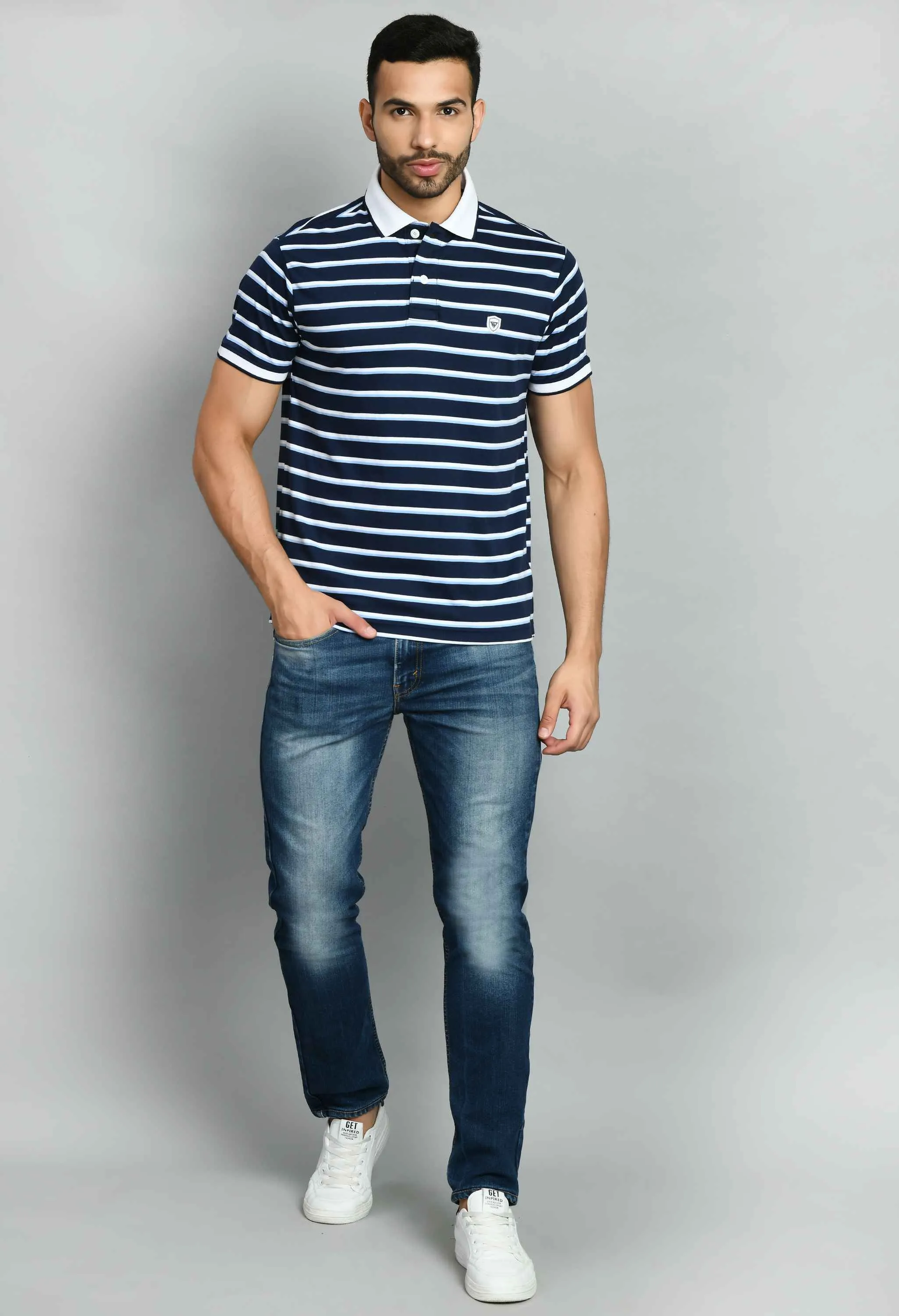 Men's Striped White Blue Polo Neck Tee