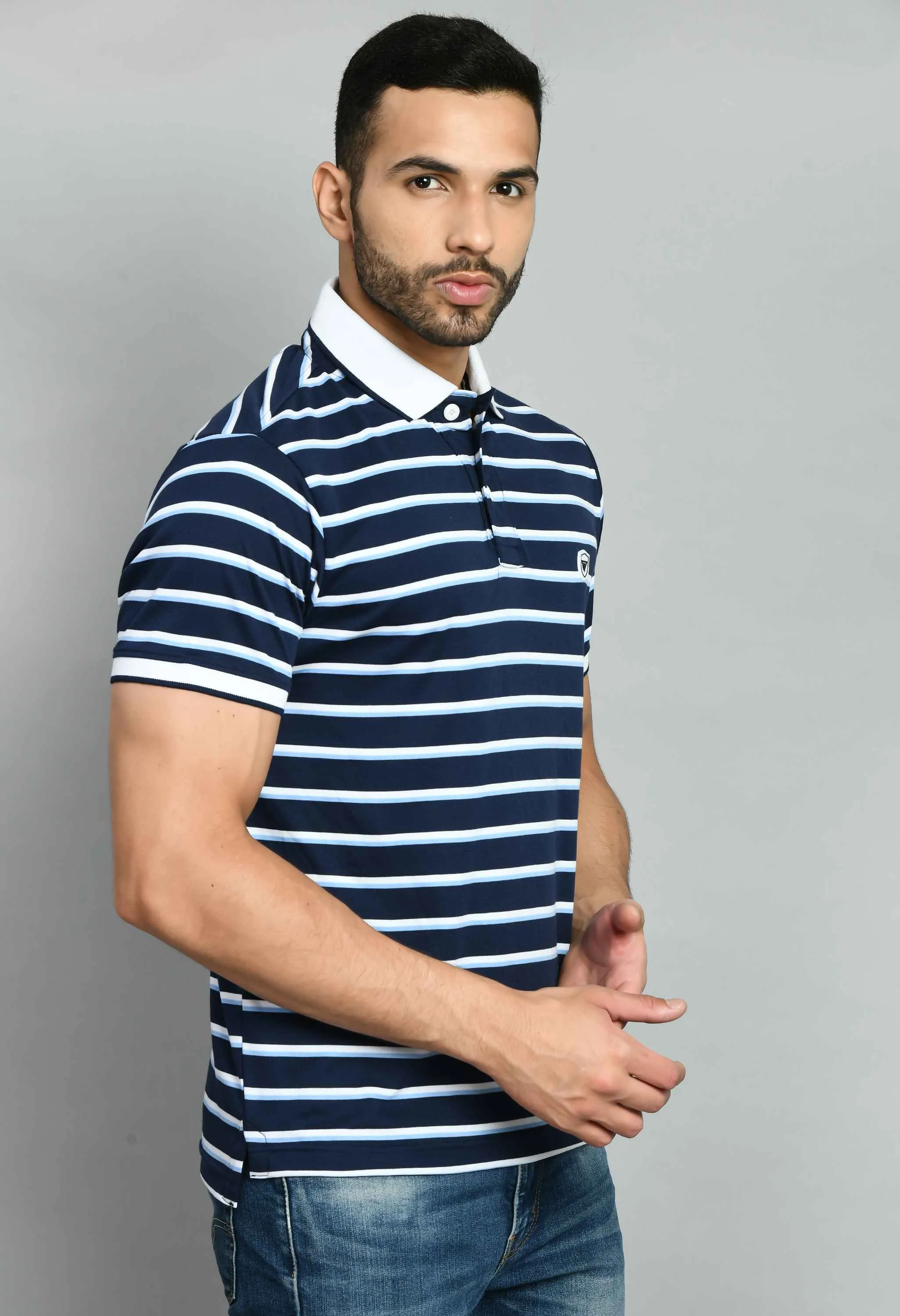 Men's Striped White Blue Polo Neck Tee