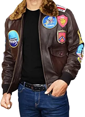 Mens Topgun Aviator USAAF Fur Collar Pilot Flying Tom Cruise Multiple Patches