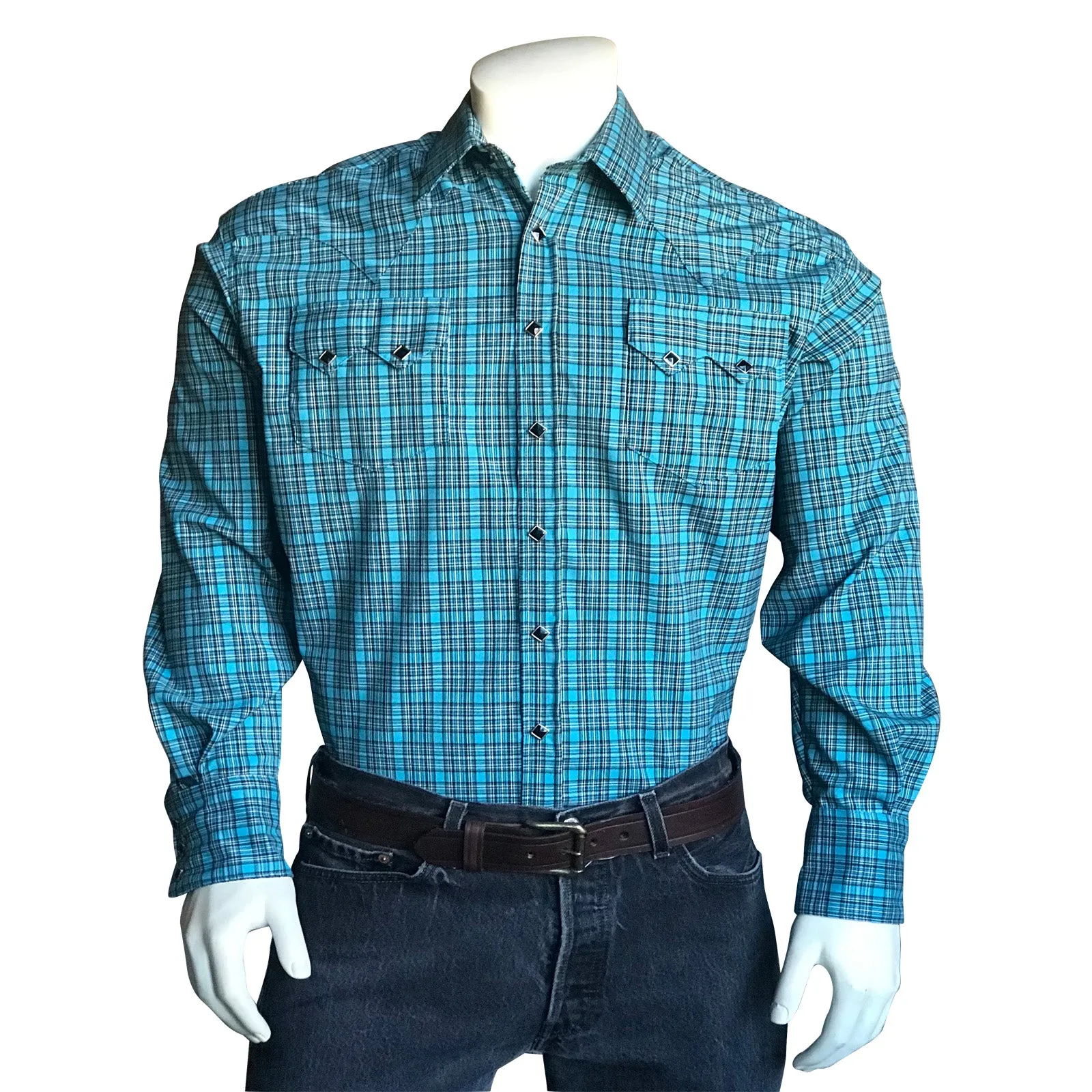 Men’s Turquoise & Black Windowpane Check Western Shirt