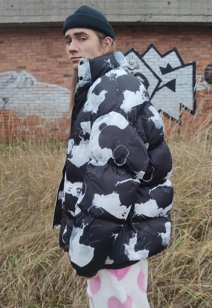 Paint splatter bomber Milk print cow puffer jacket in black