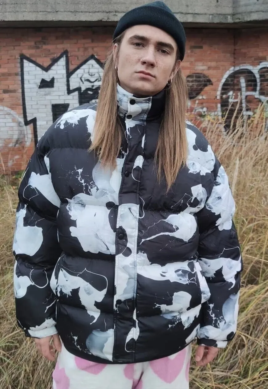 Paint splatter bomber Milk print cow puffer jacket in black