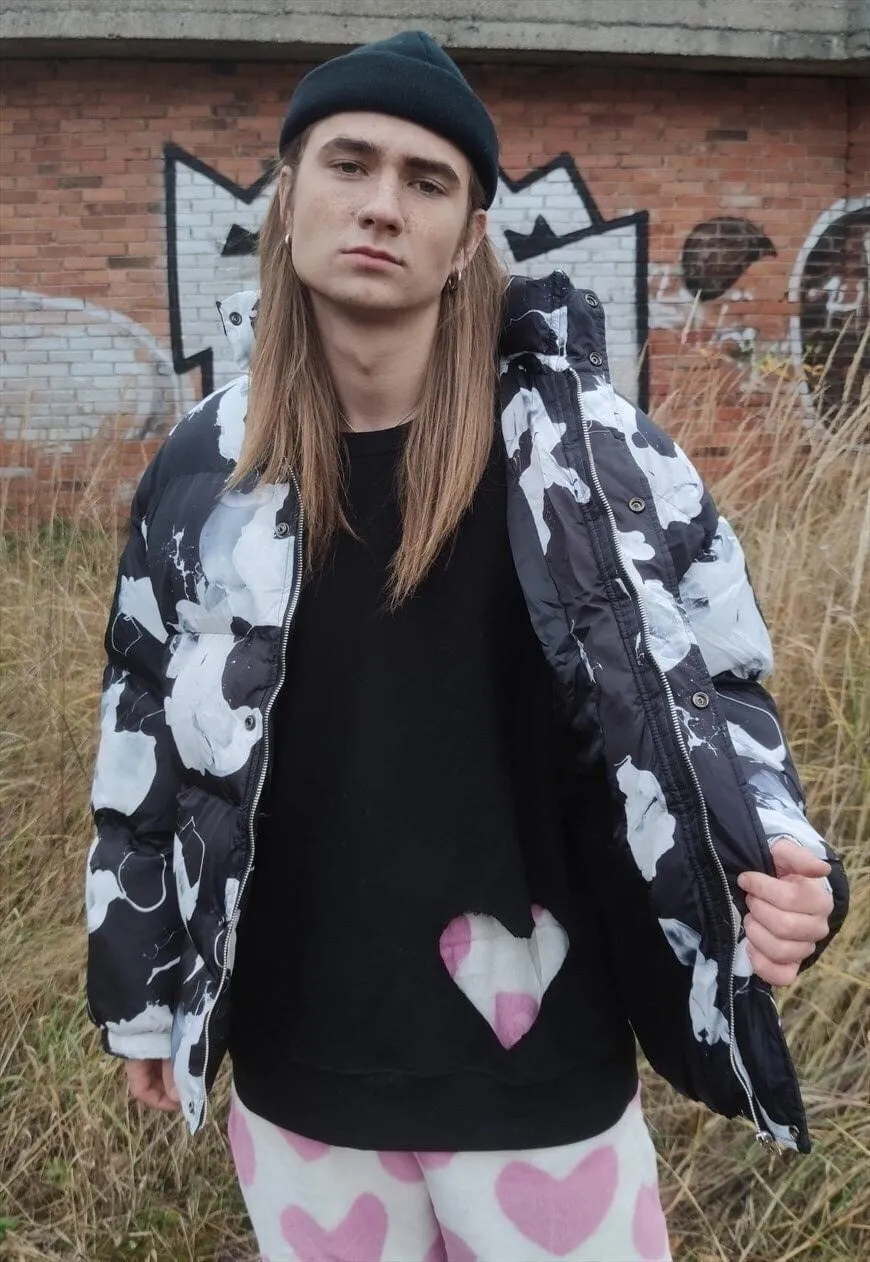 Paint splatter bomber Milk print cow puffer jacket in black