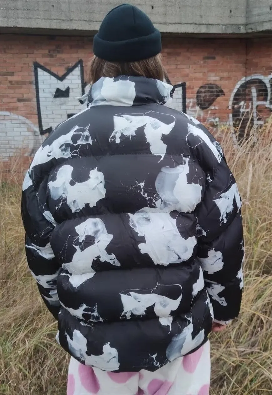 Paint splatter bomber Milk print cow puffer jacket in black