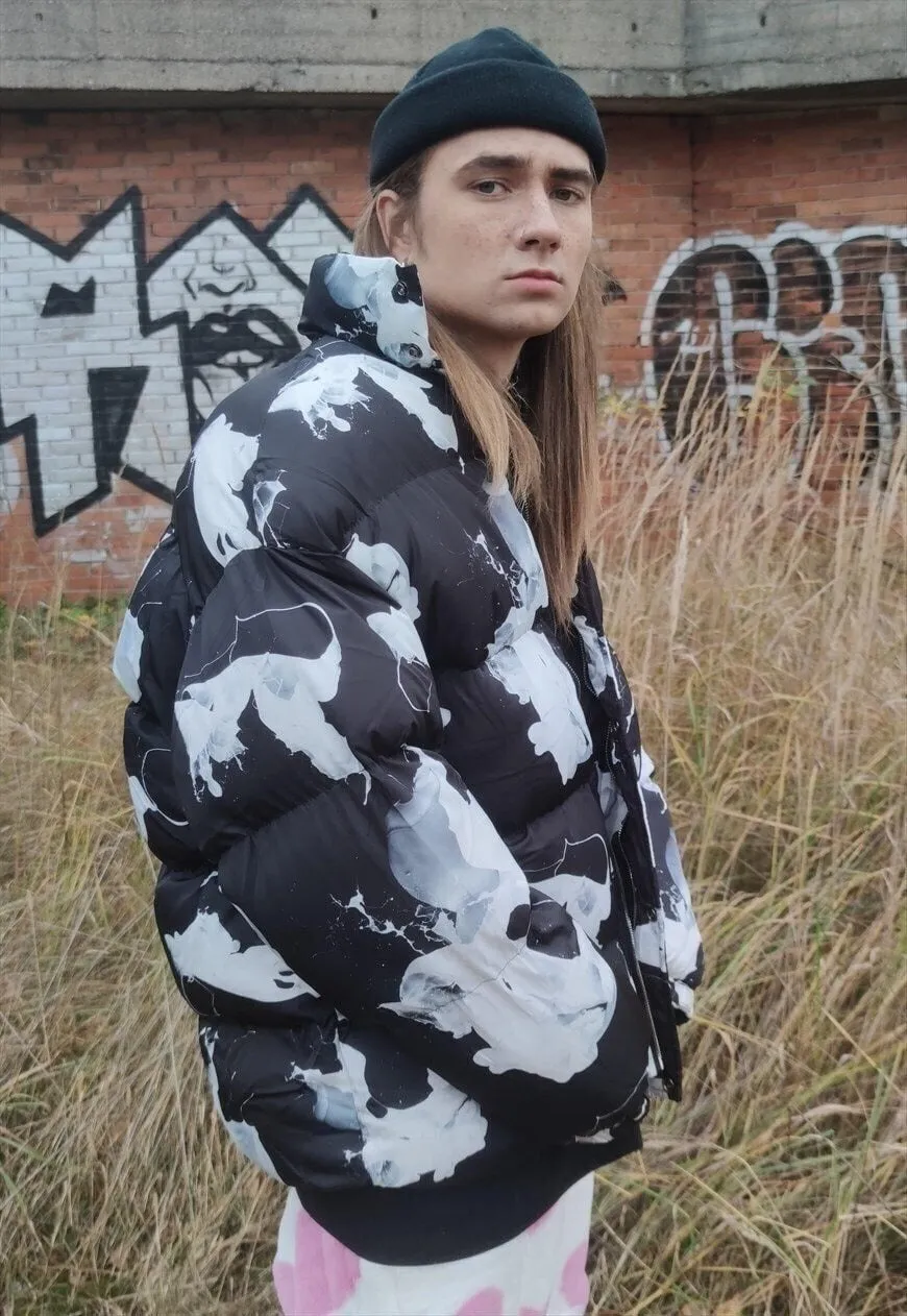 Paint splatter bomber Milk print cow puffer jacket in black