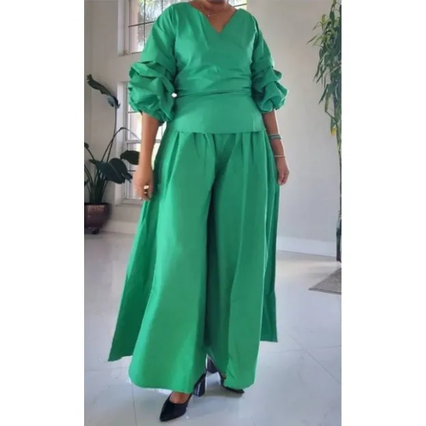 Palazzo Wide Leg Pants with Wrap Blouse Ruffle Sleeves 2 Piece Set