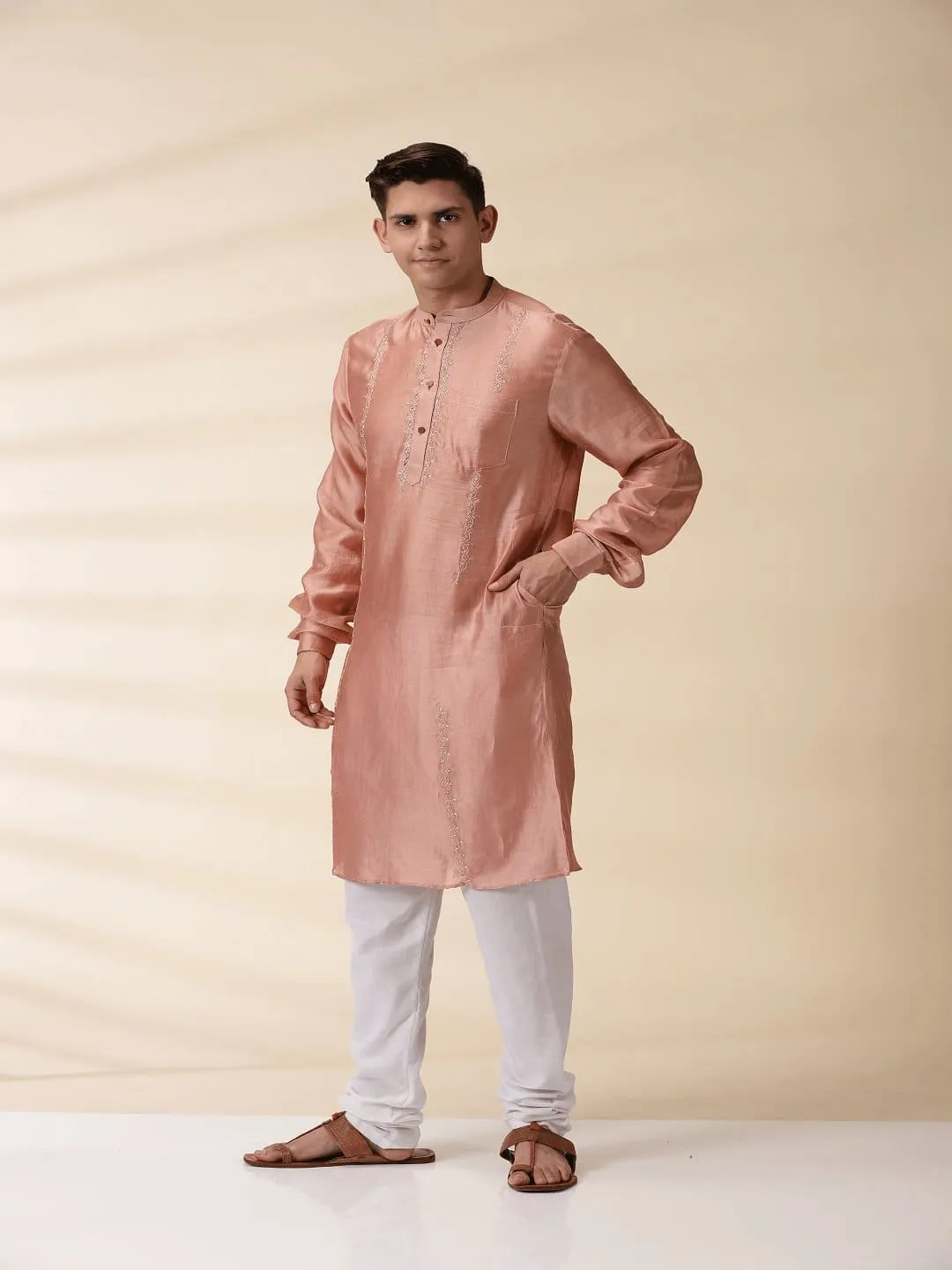 Peach Chanderi Men Sadri & Kurta Set