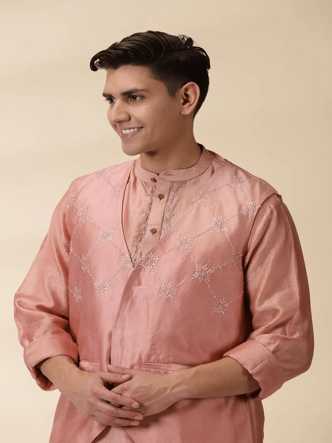 Peach Chanderi Men Sadri & Kurta Set