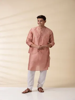 Peach Chanderi Men Sadri & Kurta Set